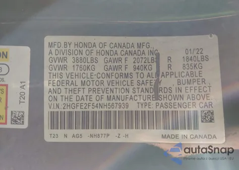 2022 Honda Civic Sport from USA, damaged, VIN 2HGFE2F54NH567939